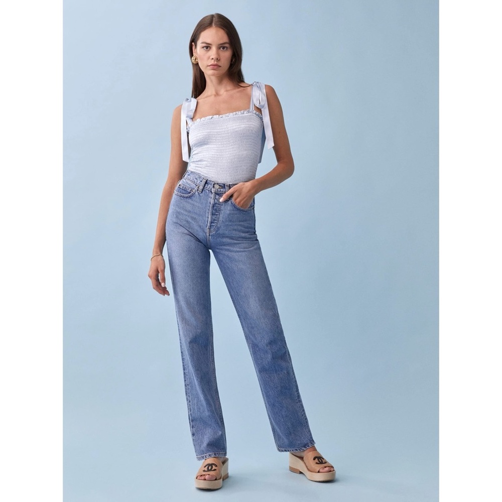 Reformation White Tie-Strap Smocked Crop Top